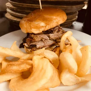 Pork sandwich and Blackstone&apos;s fries