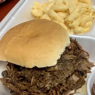 Beef brisket sandwich with Mac and cheese