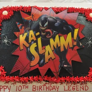 1/2 vanilla 1/2 chocolate sheet cake iced with homemade buttercream frosting decorated venom theme