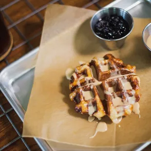 Our dessert Liege waffle will satisfy your sweet tooth! Try it with one of our amazing dipping sauces from scratch.