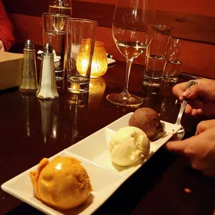  plate of ice cream and dessert