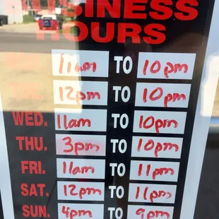 Summer hours May 2018. They now(2019) open each day early for lunch.