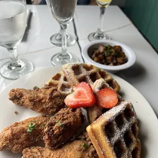 Chicken and waffles w/ lavender mimosa