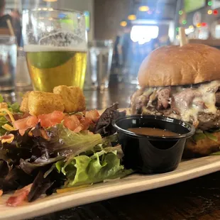 a burger and salad