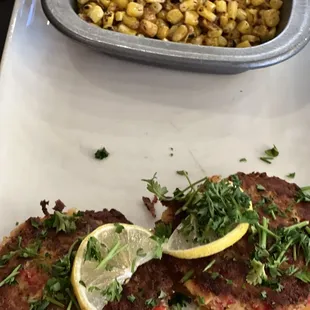 Crab cakes and roasted corn