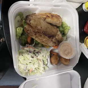 Cajun Tilapia, rice &amp; veggies, Cole slaw, hush puppies &amp; AMAZING aioli