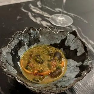 The substitute for shellfish allergy in place of the empanada a lovely "soup" with some similar flavors 10/30/2024