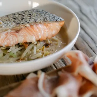 Salmon over brown butter cabbage and corn!