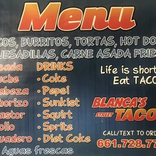 menu for a mexican restaurant
