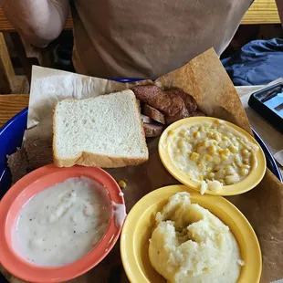 2 meat plate with cream corn and mashed potatoes