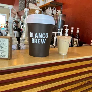 Iced vanilla latte with almond milk.