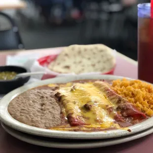 The wonderful Enchiladas Plate with cheese enchiladas, rice, beans &amp; fresh made flour tortillas!