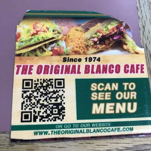 the original menu for the original blanco cafe