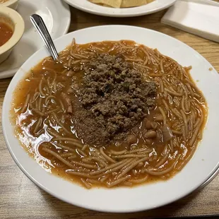 Large bowl of fideo soup with picadillo