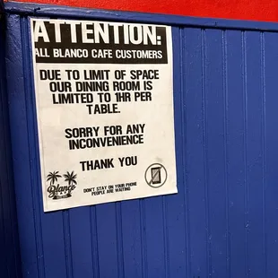 Due to limited space, you are allowed one hour per table