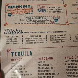 Drink menu with tasting flights