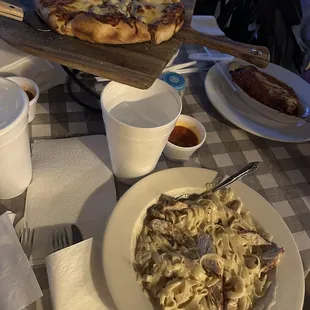 Fettuccine Alfredo with chicken and Chicago Style pizza