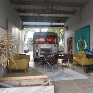 a bus parked in a garage
