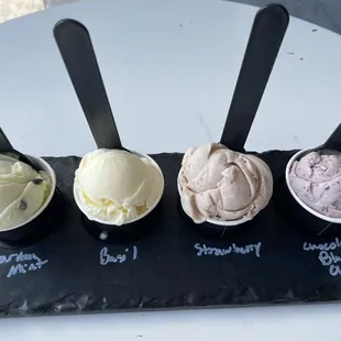 Flight: garden mint, basil, strawberry balsamic, chocolate-covered black cherry