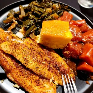 Blackened catfish greens, yams cornbread