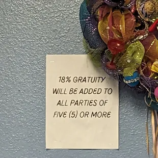 18% gratuity will be added to parties of at least 5