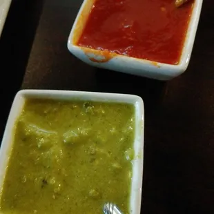 Salsas.  Both were delicious.  The green has a real bite, but I couldn't stop eating it!