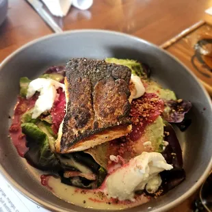 Beet and feta salad with salmon