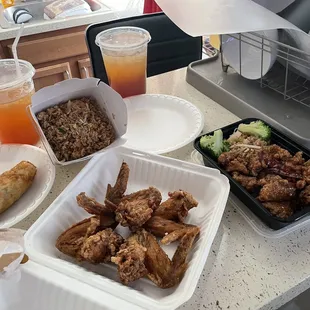 General Moe Chicken, order of fried wings,Shrimp fried Rice, Vegatable egg roll , steak and cheese egg roll and half and half