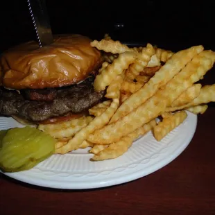 Peanut butter hamburger with fries.