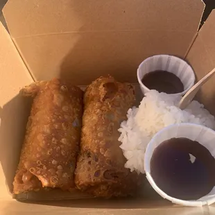 Two egg rolls and their homemade sauces.