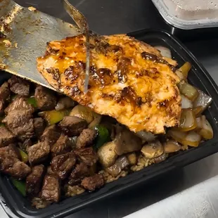 Salmon and steak hibachi