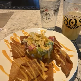Ahi tower with mango and avocado! Delicious with the orange cream IPA