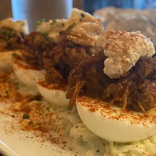 Deviled eggs with BBQ pork