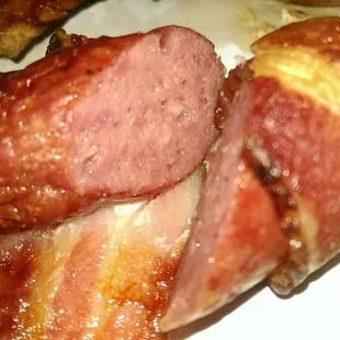 Up close of their hot dogs and bacon combined, not bad and a tasty pairing like a good dog with great Smokey bacon.