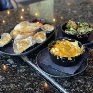 Oysters , Southern Mac and Cheese and Fried Brussel Sprouts