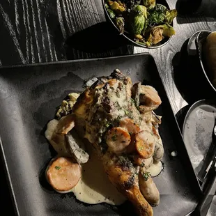 Blaze Stuffed Chicken with Fingerling Potatoes and Brussel sprouts