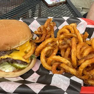 Double cheeseburger with curley fries