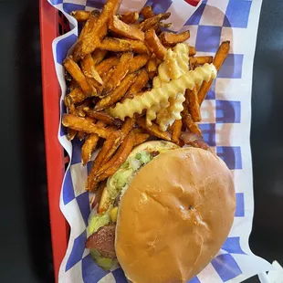 Bacon cheese burger with fries