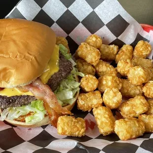 Bacon cheeseburger and tator tots