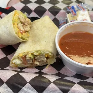 Grilled chicken wrap with tomato soup