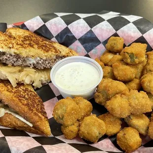 Patty melt and fried okra