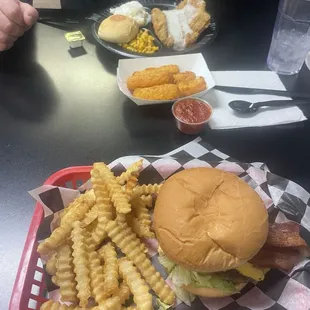 Hickory Burger and chicken fried steak, Mozzarella Sticks, French Fries and cup of ranch (not pictured)
