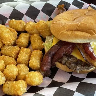Bacon cheeseburger and tator tots