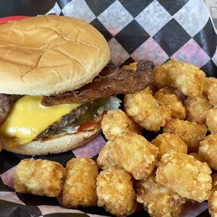 Bacon cheeseburger and tator tots