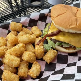 Bacon cheeseburger and tator tots