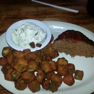 Smoked meatloaf (the Thursday lunch special) with potato salad and some fantastic fried okra.