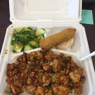 Korean chicken with fried rice, egg roll and cucumber salad. Delicious!!