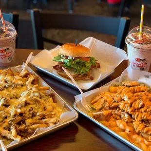Loaded Mac and cheese, garage fries. Burger, shake