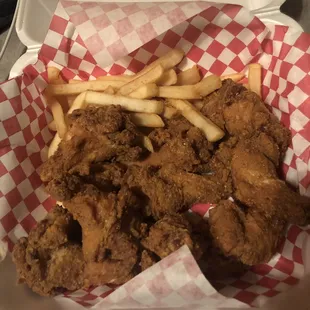 Chicken wings (I asked for all drums and half of the fries were eaten before the picture was taken).