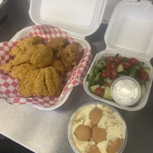 Fish + salad+ banana pudding